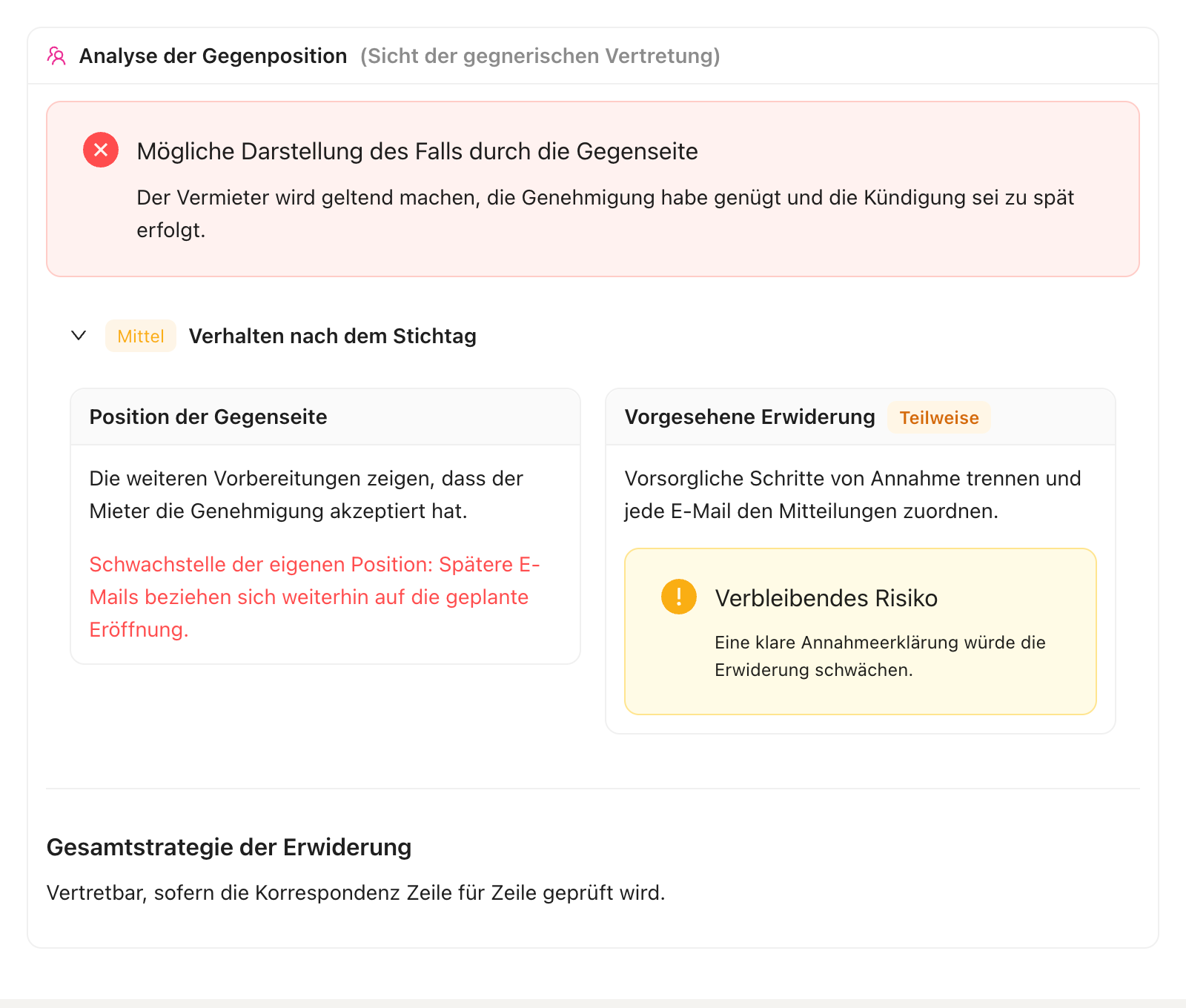 LexVera-Analyse aus Sicht der Gegenseite mit gegnerischer Position, vorgesehener Erwiderung und verbleibendem Risiko