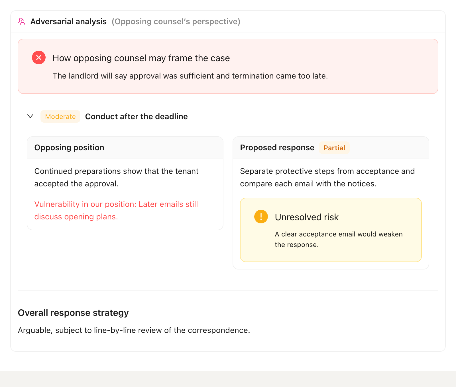 LexVera analysis from opposing counsel’s perspective showing the opposing position, proposed response, and unresolved risk