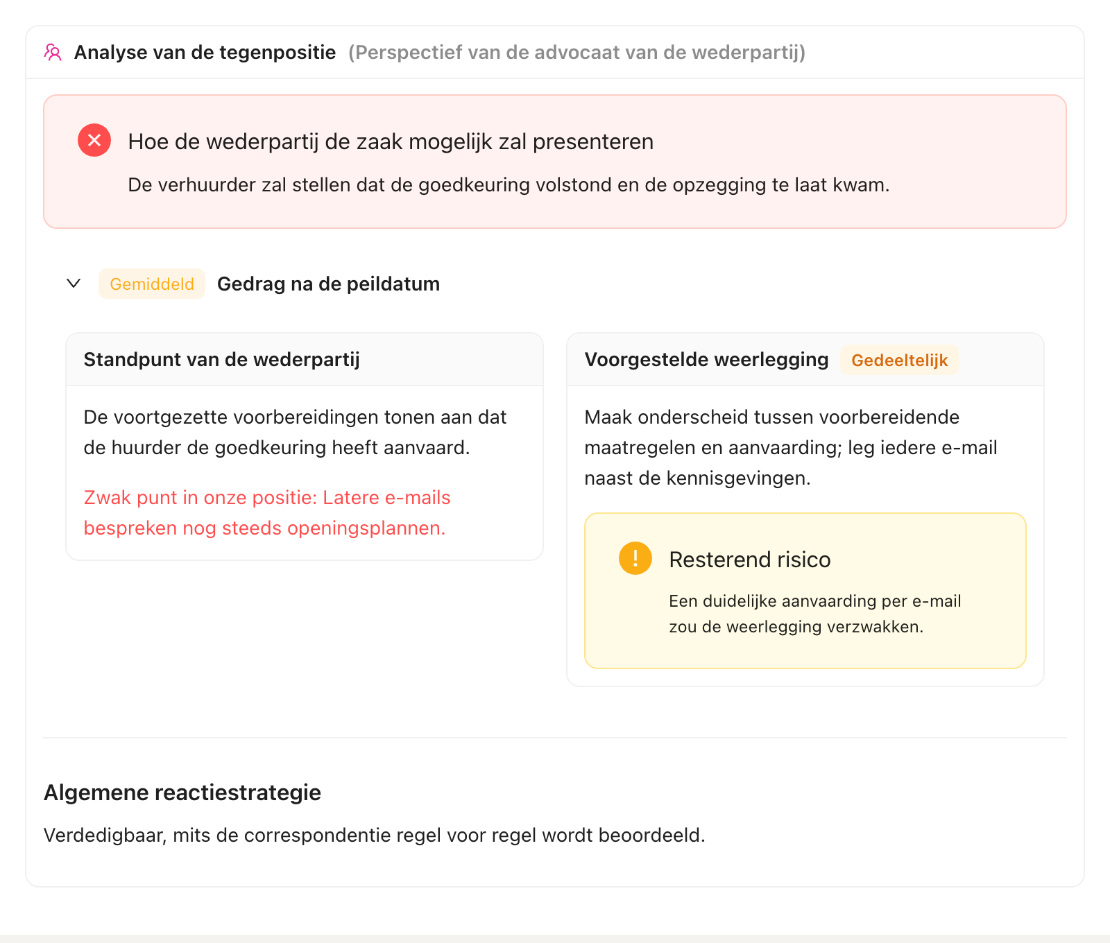 LexVera-analyse met het standpunt van de wederpartij, de voorgestelde weerlegging en het resterende risico