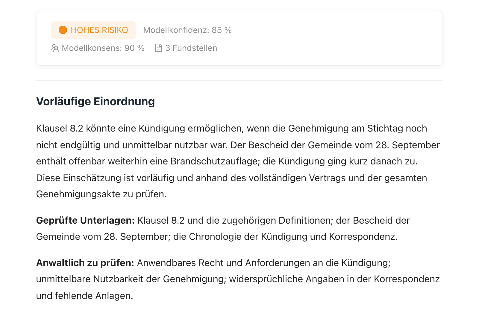 LexVera-Arbeitsbereich für Rechtsanalyse mit Modellkonfidenz, Modellkonsens, Fundstellen und Hinweisen für die anwaltliche Prüfung
