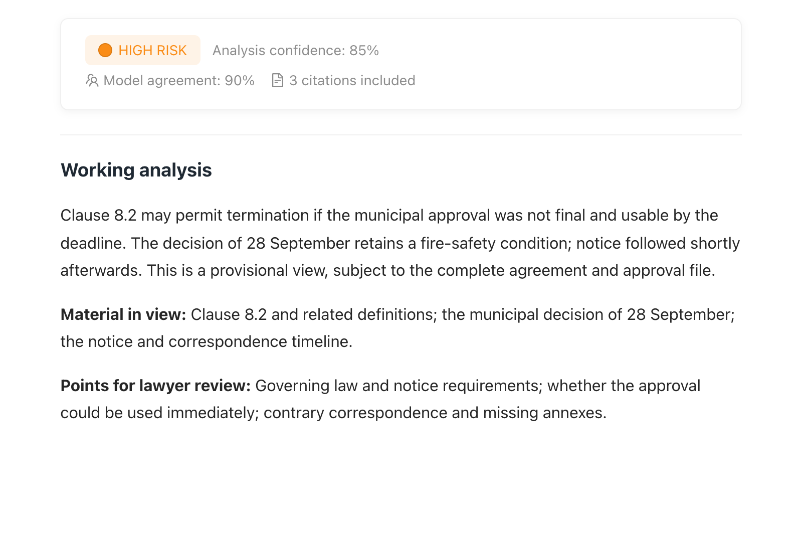 LexVera legal analysis workspace showing analysis confidence, model agreement, citations, and review context