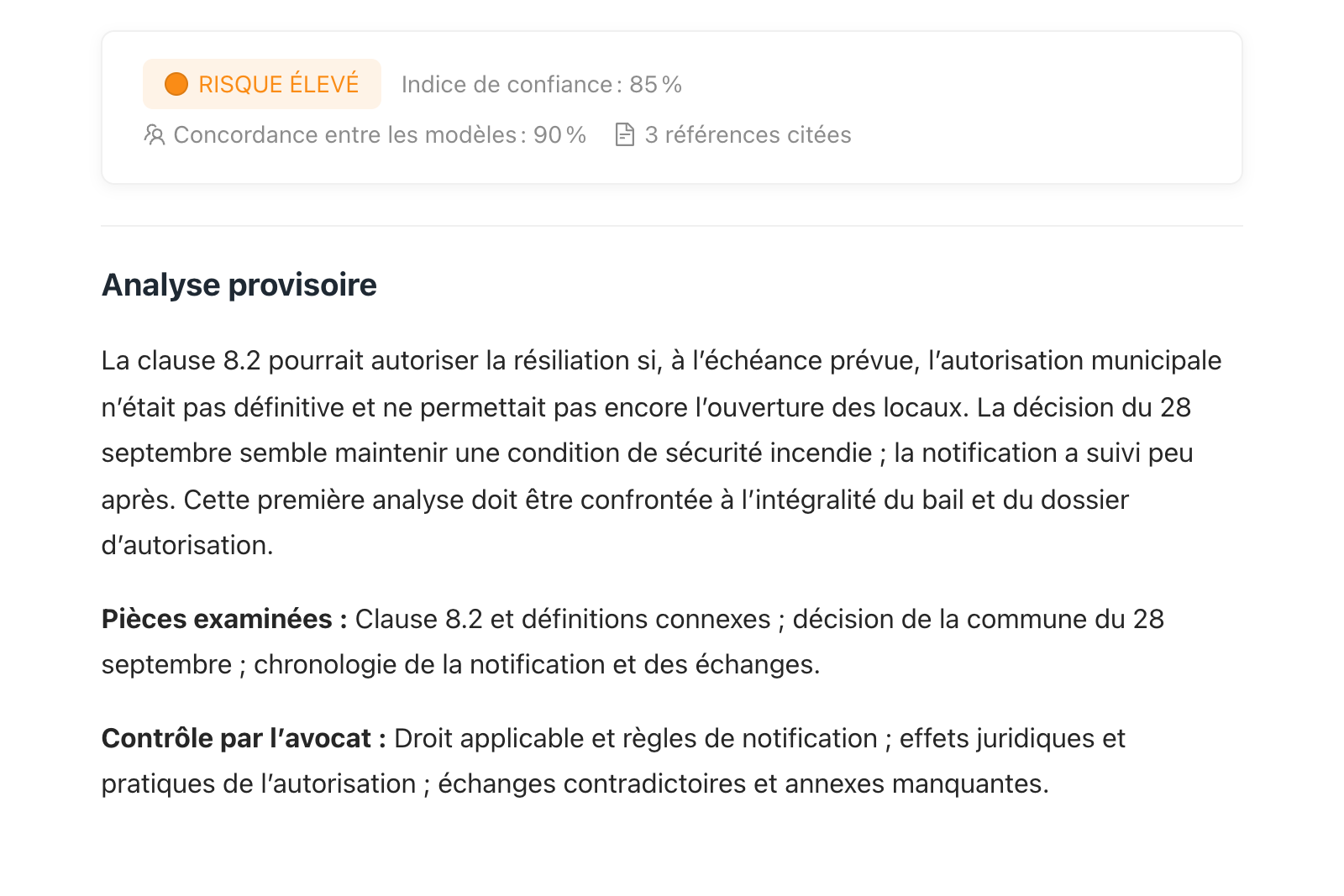 Espace d’analyse LexVera présentant l’indice de confiance, la concordance entre les modèles, les références citées et les points à contrôler