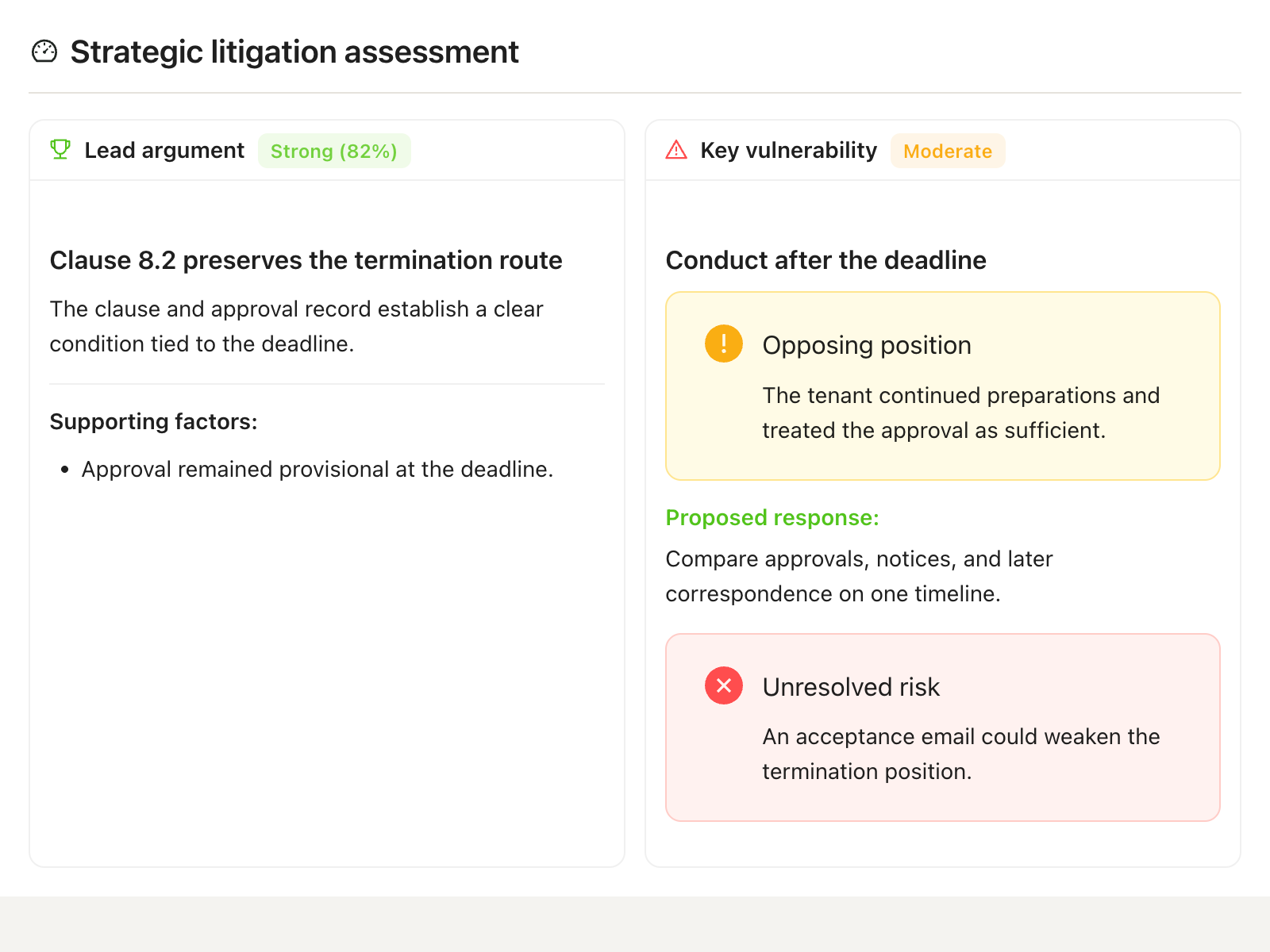 LexVera strategic litigation assessment showing the lead argument and key vulnerability